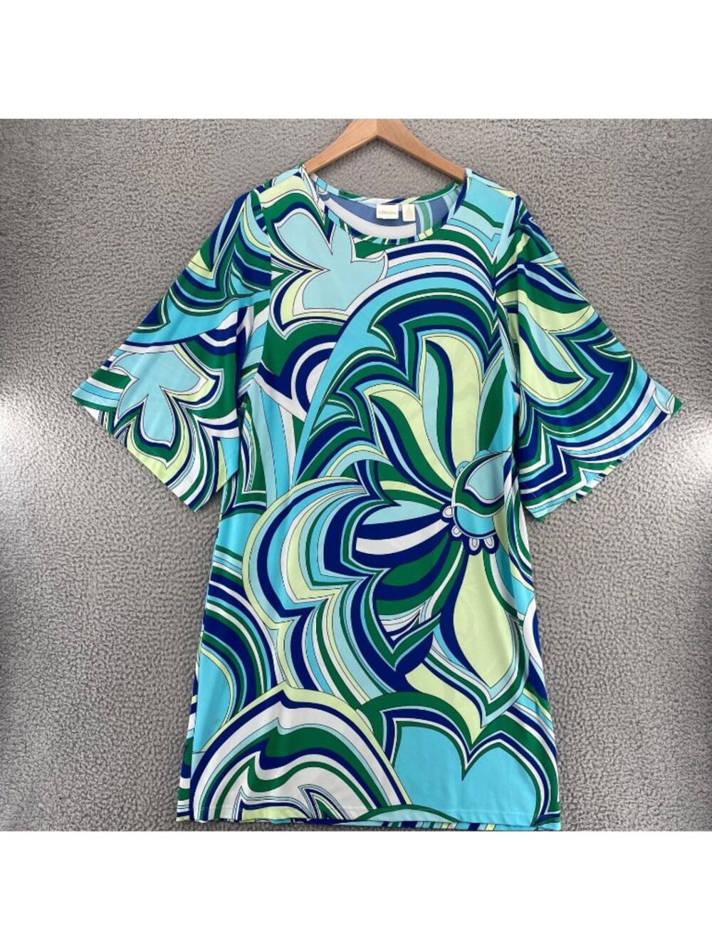 Chicos Dress Womens 3 US Extra Large Blue Green Shift Travel Knit Kimono Sleeve